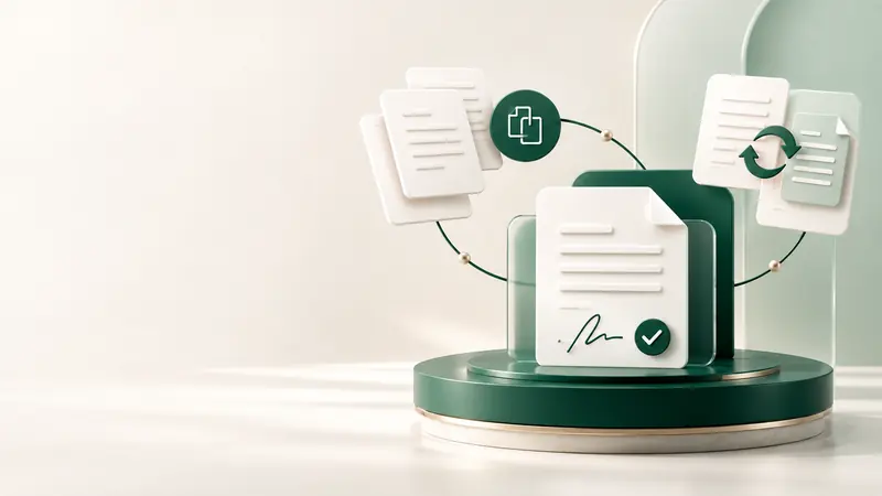 Document workspace illustration with merge, convert and signing symbols
