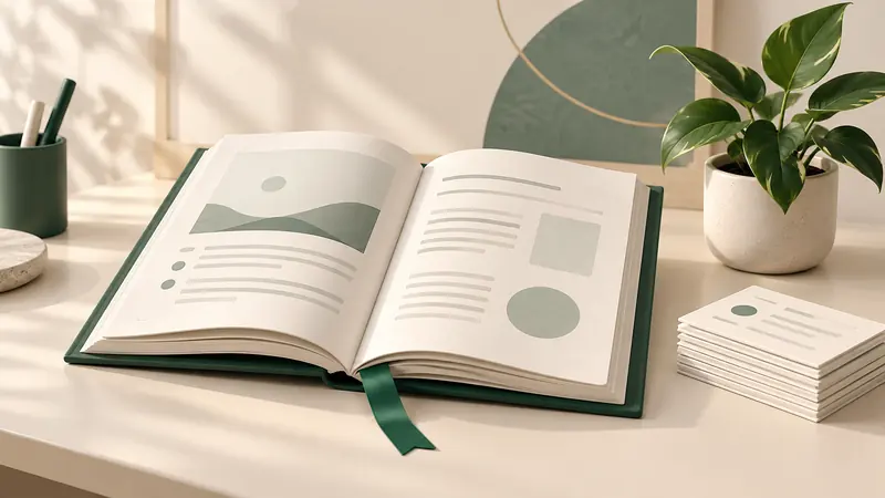 Open handbook with a green bookmark and neatly stacked document cards