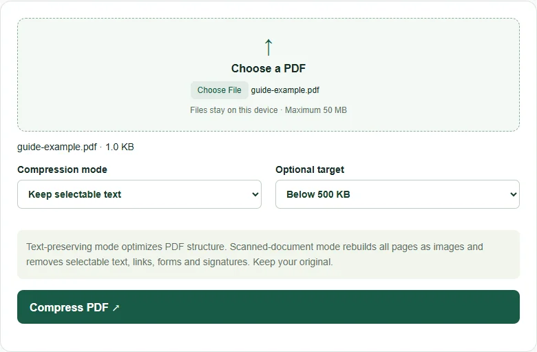 PDFDesk compression settings with a 500 KB target selected