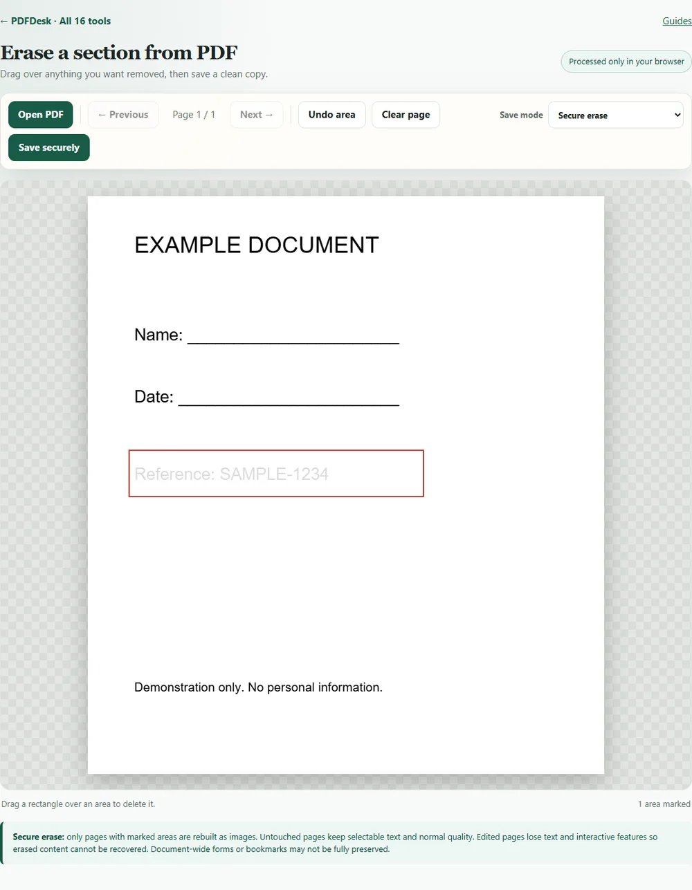 PDF section eraser with a rectangular area marked on a sample document