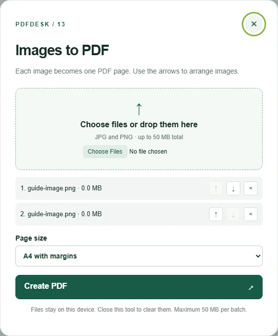 Images to PDF workspace showing two example images and the A4 page-size option