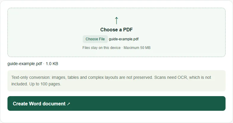 PDF to Word workspace explaining that the conversion exports selectable text without OCR